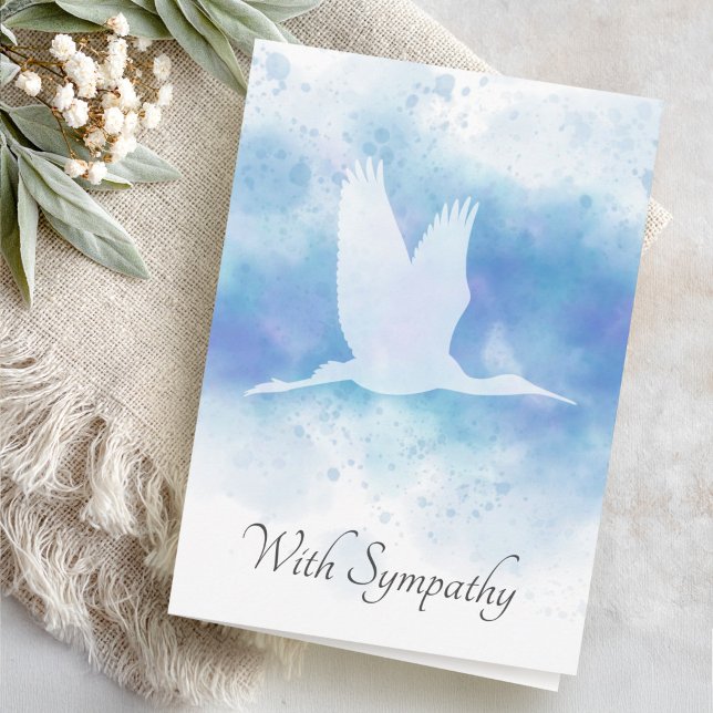 Trana på blå akvarellsympatibevis kort (Crane on blue watercolor sympathy bereavement card)