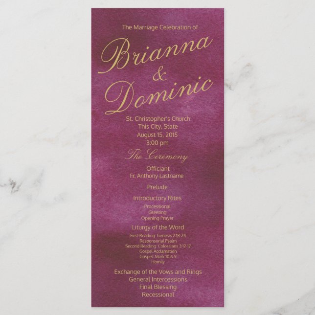 Tranberry och Guld Watercolor Bröllop Program (Framsida)