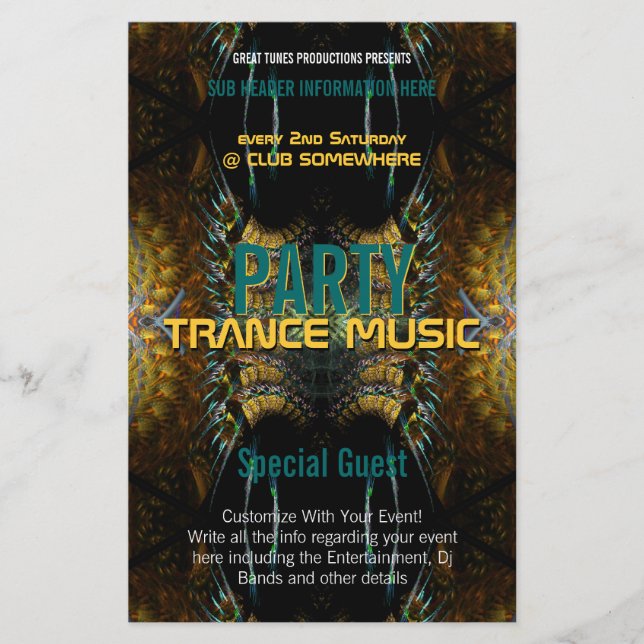Trance Fractal Guld Feathers Party Flyer (Framsidan)