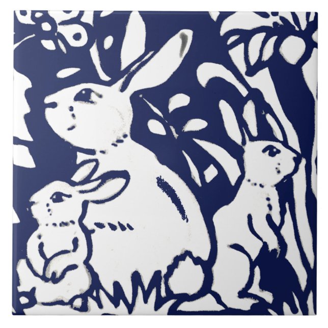 Trångblå Bunny Rabbit Woodland Animal Trivet Kakelplatta (Framsidan)