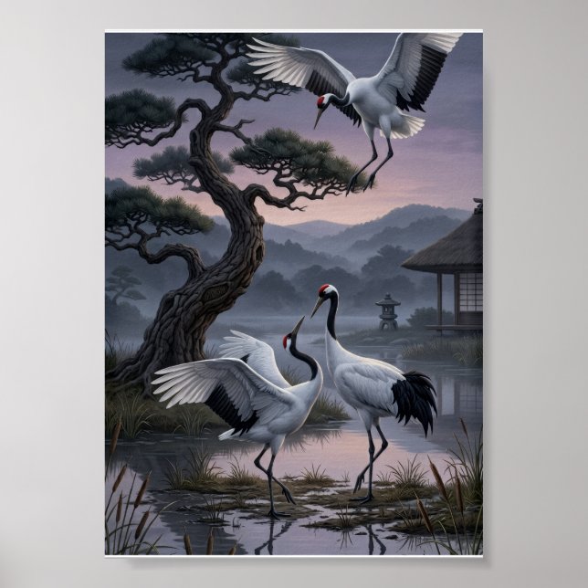 Trankil kran under tall Orientalisk estetisk fleec Poster (Framsidan)
