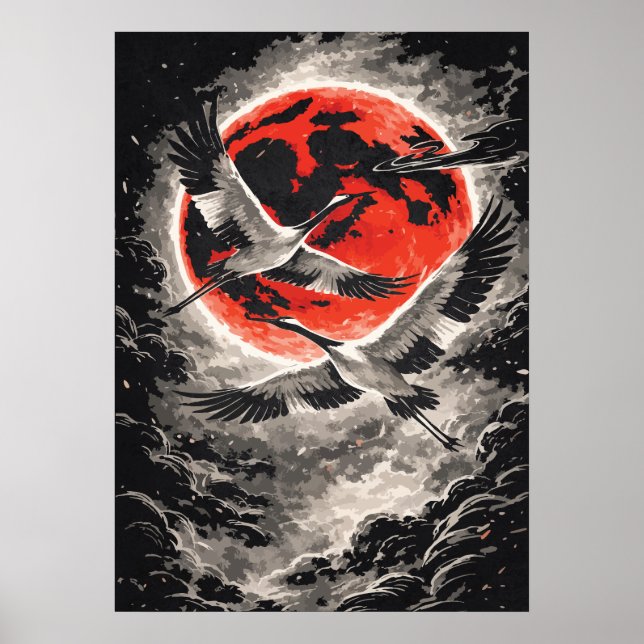 Tranor flygande i röd måne - Japansk konst Poster (Framsidan)