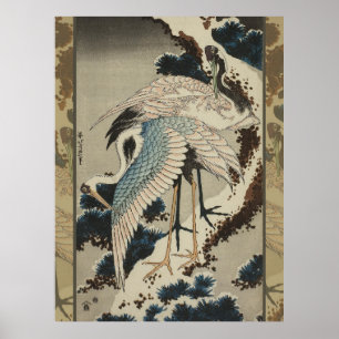 Tranor på en snötäckt tall Hokusai Poster