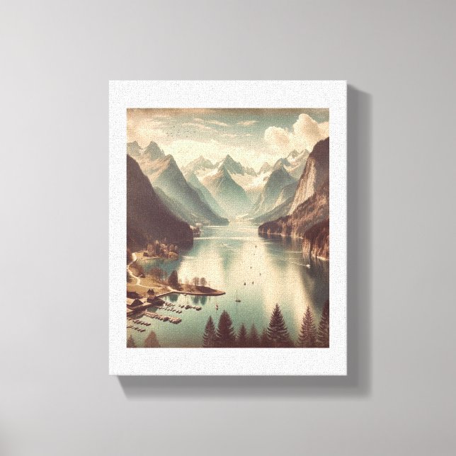 Tranquil Alpine Sjö - Vintage Stil bergsmark Canvastryck (Framsida)