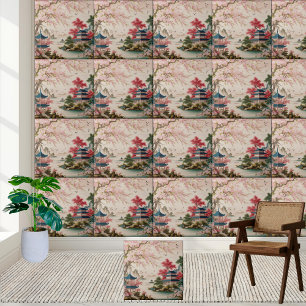 Tranquil Asian Blommar & Pagoda Chinoiserie Tile Kakelplatta