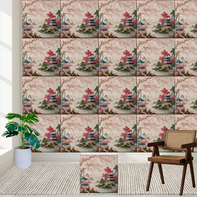 Tranquil Asian Blommar & Pagoda Chinoiserie Tile Kakelplatta (Tranquil Asian Blossom & Pagoda Chinoiserie Tile)