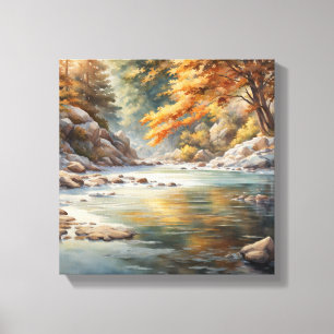 Tranquil Autumn River Scene - Vattenfärgmålning Canvastryck