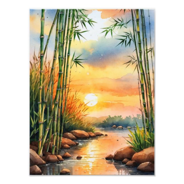 Tranquil Bamboo River Watercolor Painting Fototryck (Framsidan)