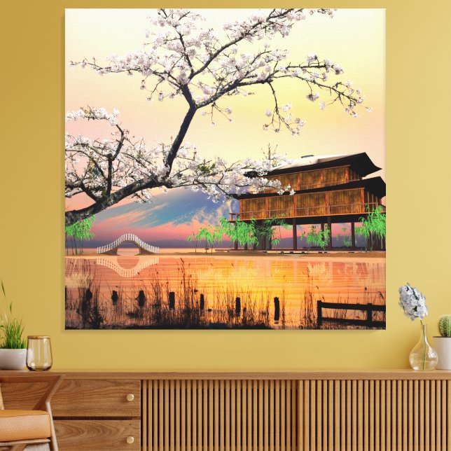 Tranquil Blommar: Solnedgång över ett japanskt Lak Canvastryck (Insitu (Vardagsrum))