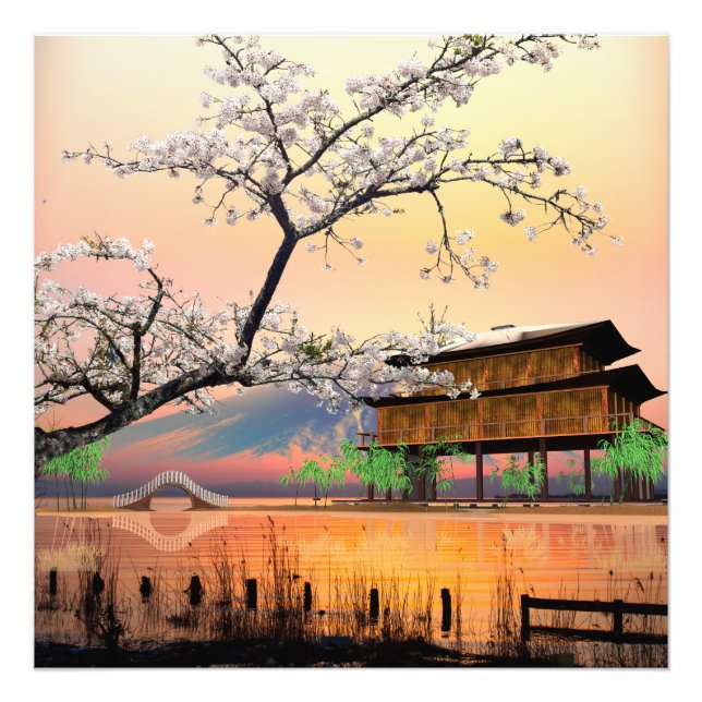 Tranquil Blommar: Solnedgång över ett japanskt Lak Fototryck (Framsidan)