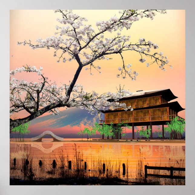 Tranquil Blommar: Solnedgång över ett japanskt Lak Poster (Framsidan)