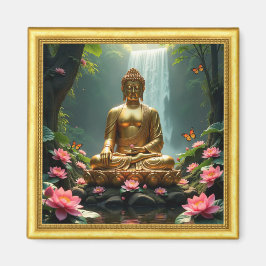Tranquil Buddha, Waterfall, Butterflies, Lotus Magnet