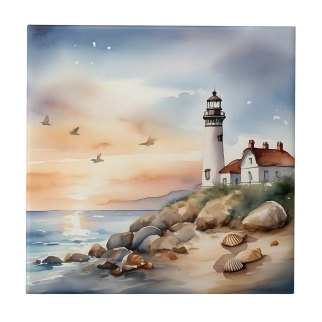 Tranquil Coastal Ligcape Watercolor Lighthouse Kakelplatta (Framsidan)