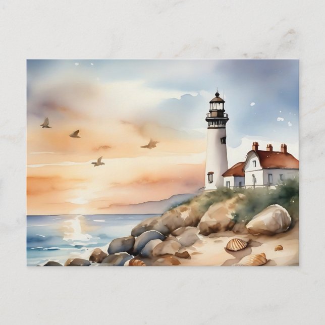 Tranquil Coastal Ligcape Watercolor Lighthouse Vykort (Framsida)