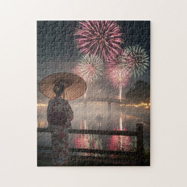 Tranquil Colors – A Yukata Girl and Fireworks Pussel (Vertikal)
