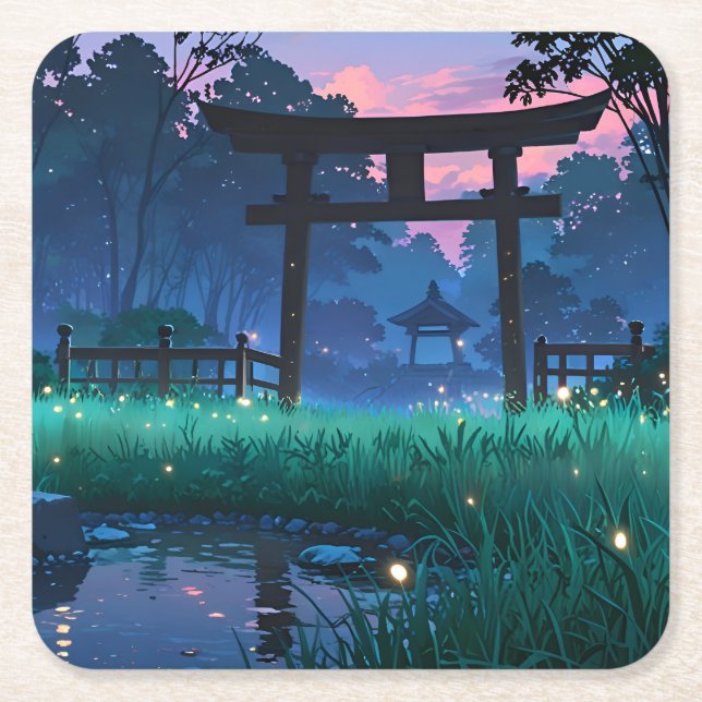 Tranquil Fireflies - Japanska Garden Underlägg Papper Kvadrat (Framsidan)