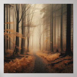 Tranquil Foggy Trail through Golden Hösten Poster