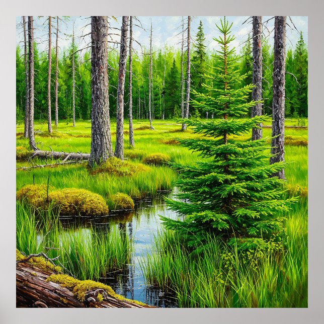 Tranquil Forest Marsh med Lush Greenery Poster (Framsidan)