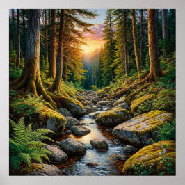 Tranquil Forest Stream under solnedgången Poster