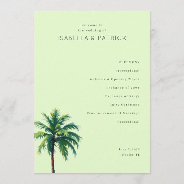 Tranquil Green Palm Tree Wedding Ceremony Schedule Program (Framsida)