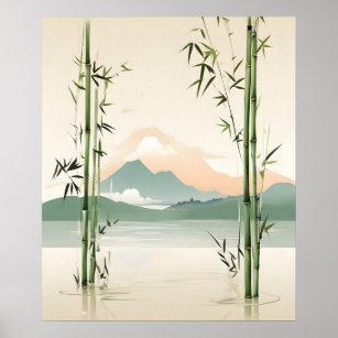 Tranquil Harmony: Bamboo vid berget Sjö Poster
