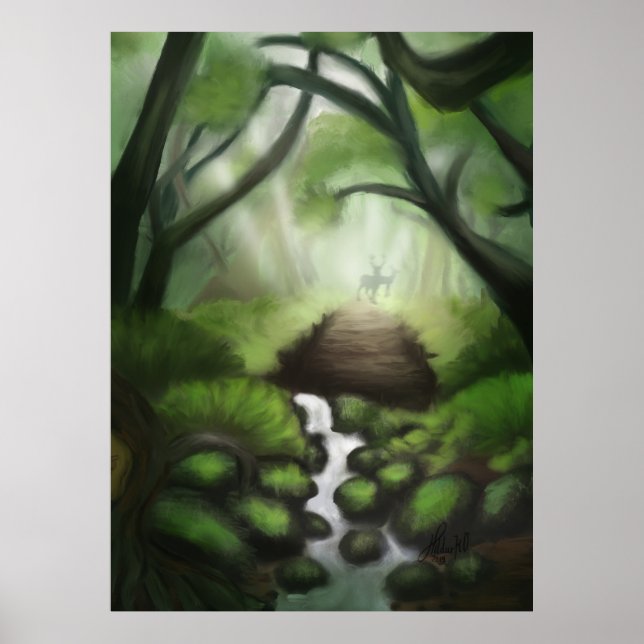 Tranquil Haven: Forest Sjö med Distant Hjort Silh Poster (Framsidan)