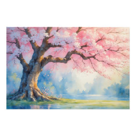 Tranquil Japansk Cherry Blommar Watercolor Landsc Fototryck