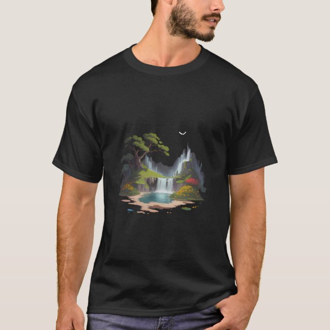Tranquil Ligcape Waterfall och Flowers T Shirt (Framsida)