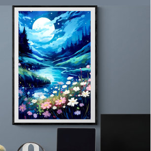 Tranquil måne night blommigt stream liggande ligga poster