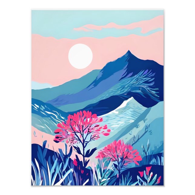 Tranquil Mountain Sunset with Rosa Flowers Fototryck (Framsidan)