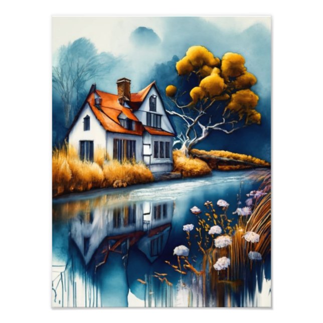 Tranquil Retreat: Huset vid floden Fototryck (Framsidan)