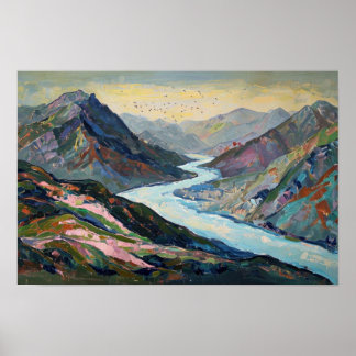 Tranquil River, Mountain Hues Illustration Retro Poster