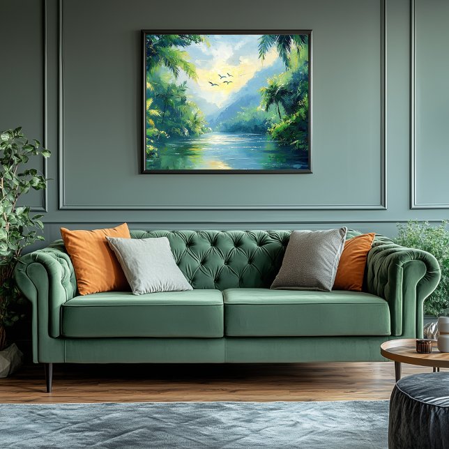 Tranquil River Winding through Dense Jungle Canvastryck (Jungle River Artwork)