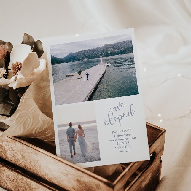 Tranquil Seas | Två foton som vi har utvecklat Meddelande (A simple and elegant wedding elopement announcement with serene blue text and two of your photos)
