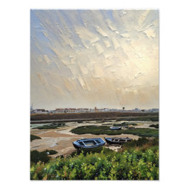 Tranquil Shoreline with Boats and Lush Greenery Fototryck