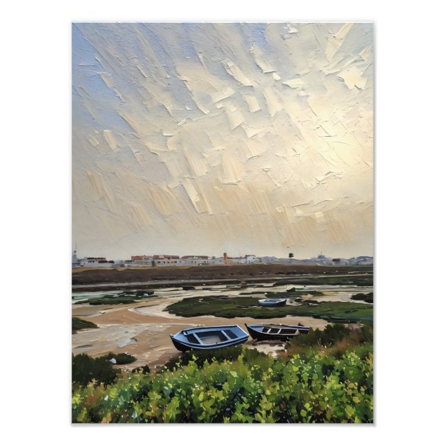 Tranquil Shoreline with Boats and Lush Greenery Fototryck (Framsidan)