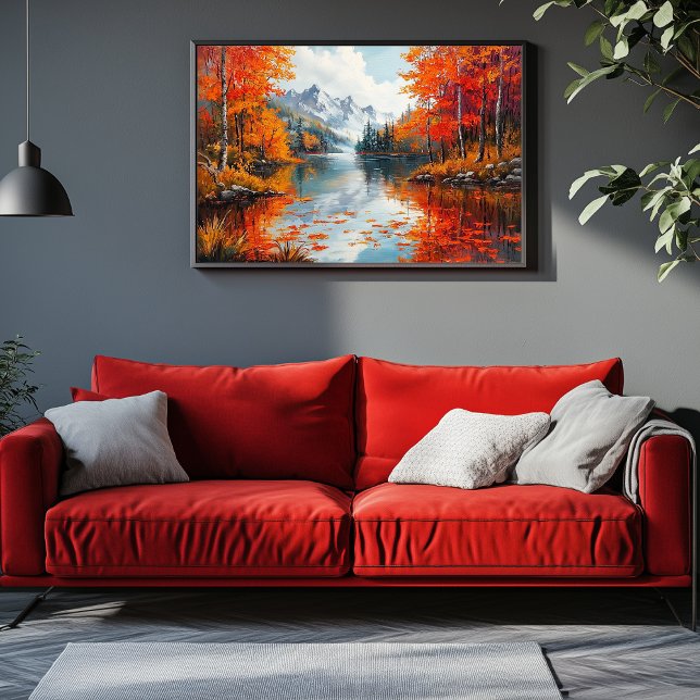 Tranquil Sjö, avrundat till höst Träd Canvastryck (Fall Mountain Artwork)