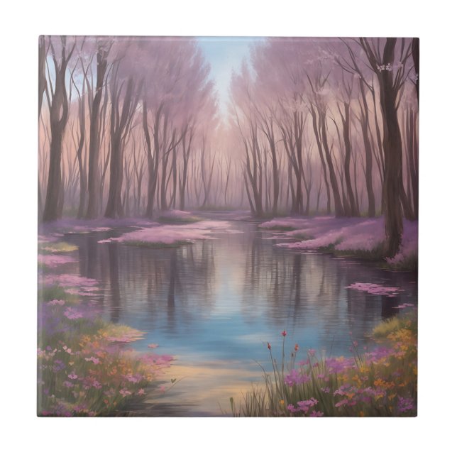 Tranquil Sjö Scene med Watercolor Wildblommor Kakelplatta (Framsidan)