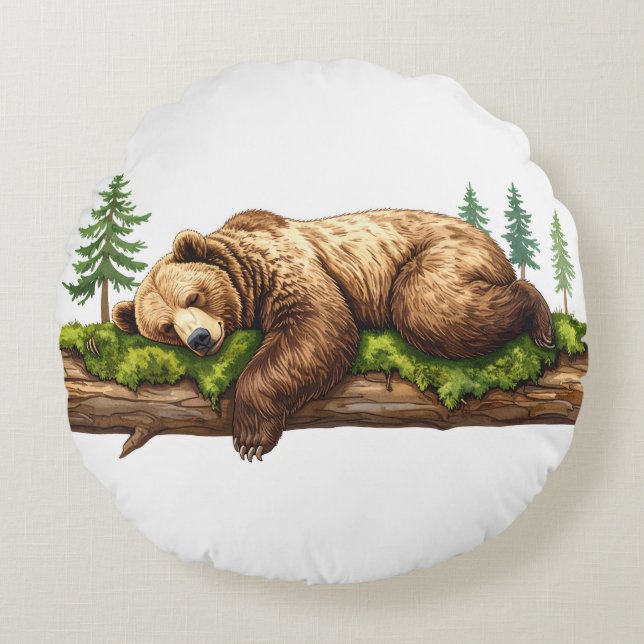 Tranquil Sleeping Bear Rustic Woodland Watercolor Rund Kudde (Framsidan)