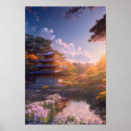 Tranquil Temple på Riverbank Poster