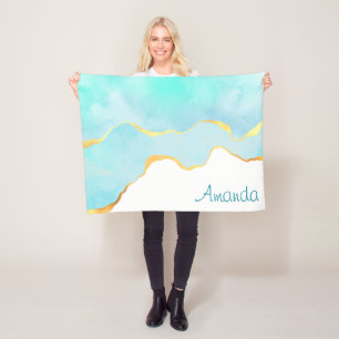 Tranquil Tropical Grönt Blue med Guld Gräns Fleecefilt
