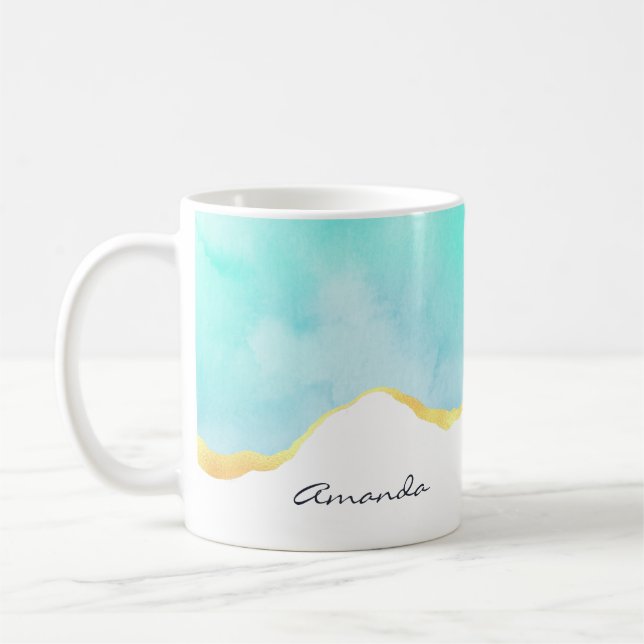 Tranquil Tropical Grönt Blue med Guld Gräns Kaffemugg (Vänster)
