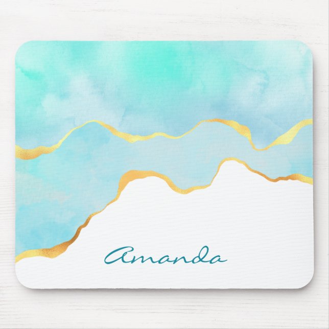 Tranquil Tropical Grönt Blue med Guld Gräns Musmatta (Framsidan)