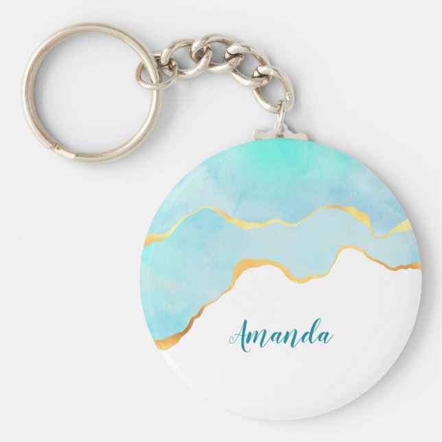 Tranquil Tropical Grönt Blue med Guld Gräns Nyckelring (Framsidan)