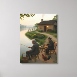 Tranquil Village Morning by the Lake Wall Art Canvastryck
