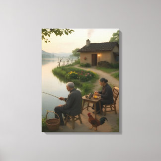 Tranquil Village Morning by the Lake Wall Art Canvastryck