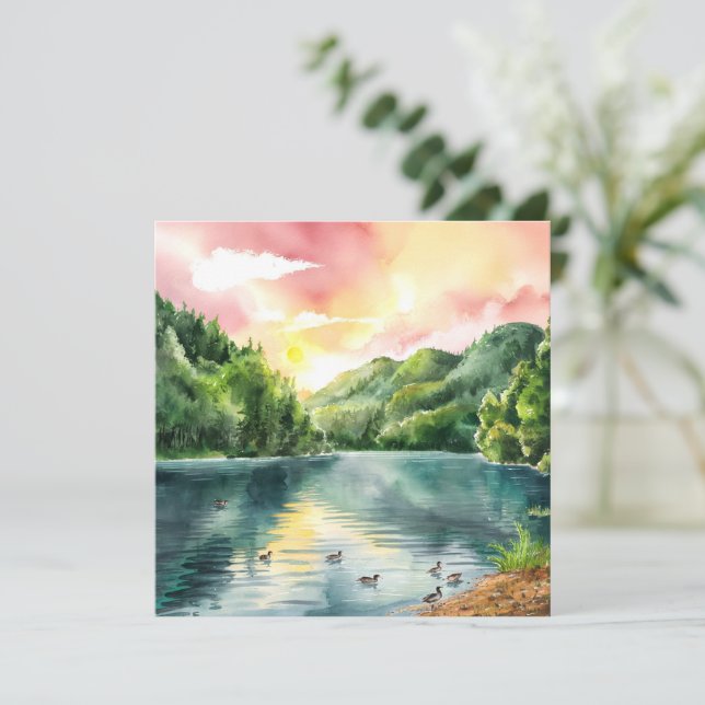 Tranquil Watercolor Mountain River Sunrise (Stående Fram)