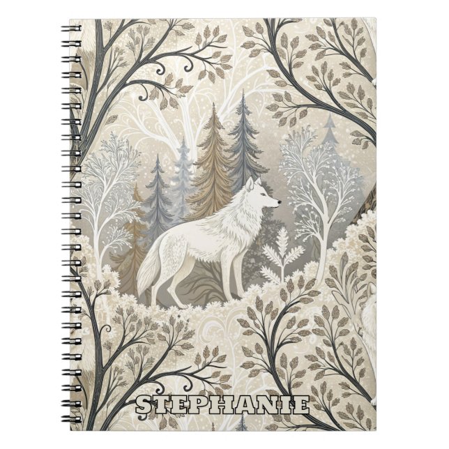 Tranquil Winter Forest Scene med vita Varger Anteckningsbok (Framsidan)