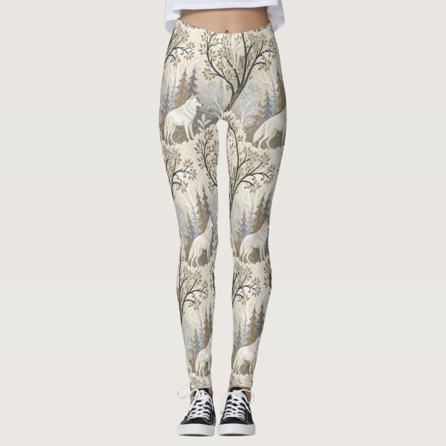 Tranquil Winter Forest Scene med vita Varger Leggings (Framsida)