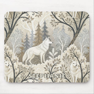 Tranquil Winter Forest Scene med vita Varger Musmatta
